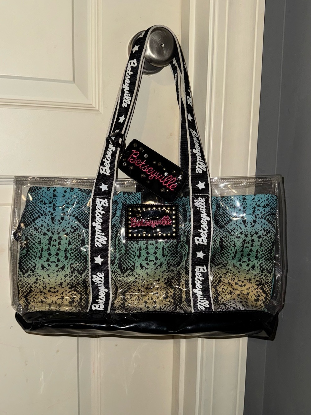 Betsey Johnson Teal to Beige Gradient Snake Print Clear Tote with Black Trim